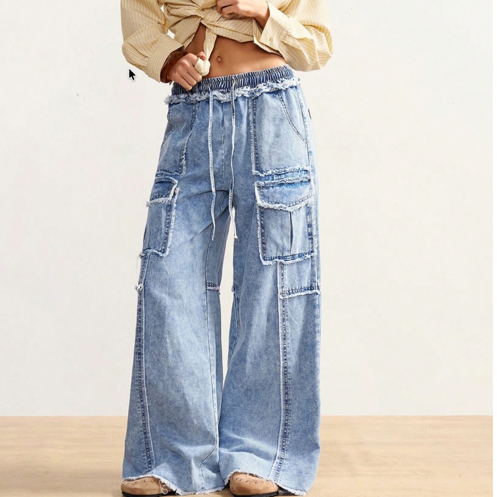 Light Wash Stretchy Waist Mineral Wash Wide Leg Denim Jeans Pants - Picture 5 of 5
